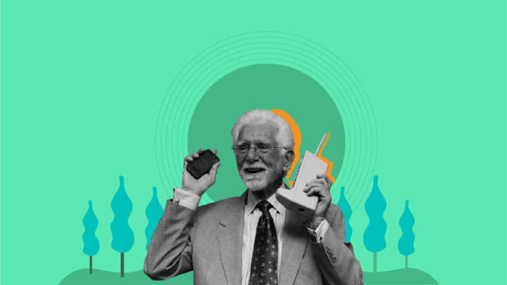 Older man in suit holding a brick cell phone and a cordless phone against a turquoise background with concentric circles and stylized trees, illustrating the remarkable history of cell phones