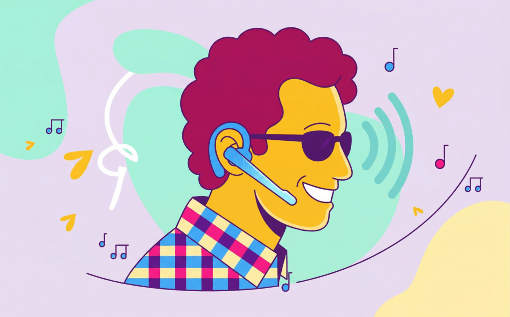 Illustrated person wearing blue bluetooth headset and sunglasses, surrounded by music notes and sound waves, representing wireless audio connectivity