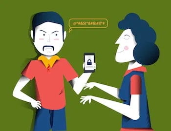 Man in red shirt holding phone with lock icon, speaking to woman in blue shirt against green background