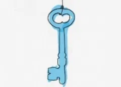 Blue key with padlock-shaped head hanging from a string against light background