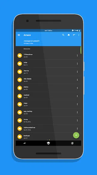 Front view of smartphone showing a file manager app with yellow folders, white file names, and a blue header on black background.