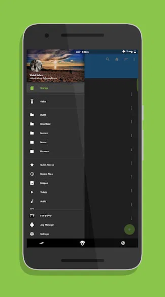 Front view of Android phone showing File Manager app in dark mode with sidebar menu open, listing storage and app options.