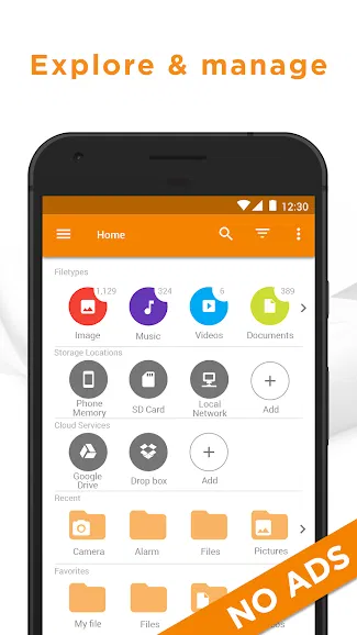 Front view of Android phone showing File Manager app, "Explore & manage" header, and orange "NO ADS" banner at bottom right.
