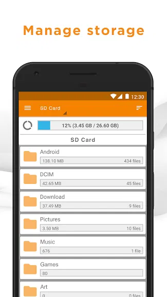 Front view of smartphone showing Android file manager with SD card usage bar and folders like DCIM, Download, Pictures, and Music.