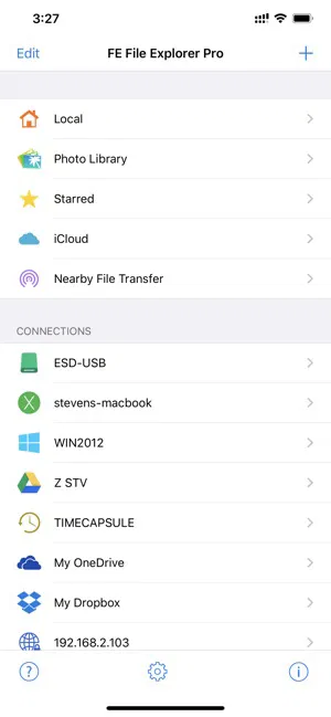 Front view screenshot of FE File Explorer Pro on iPhone, displaying file sources and cloud storage options in the main menu.