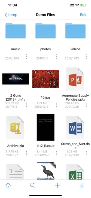 Front view screenshot of Android File Manager showing "music," "photos," "videos" folders above assorted file types list.