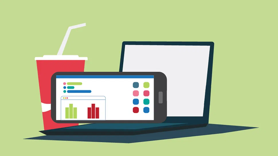 Front view of a laptop, cup with straw, and smartphone showing charts on a flat surface with a light green background.