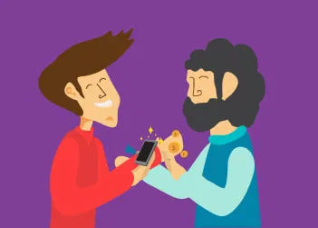 Two people exchanging a smartphone, illustrating selling your used cell phone
