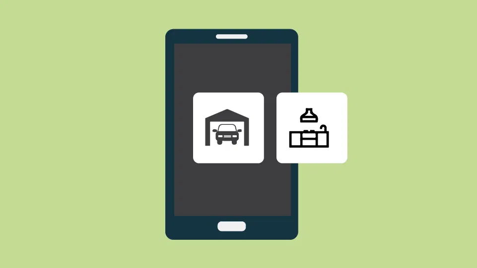 Front view of a smartphone screen with garage and kitchen icons on light green, showing smart home controls use case.