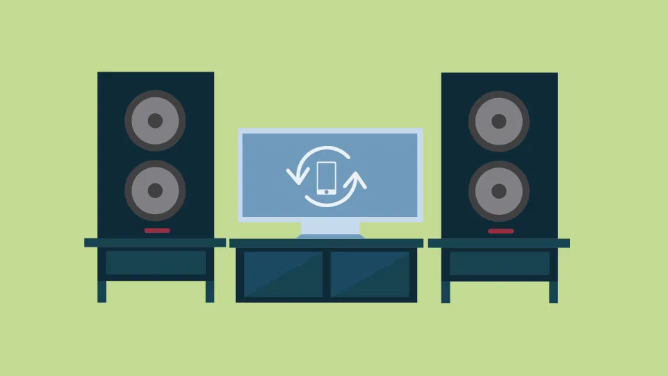 Front view graphic: TV displaying sync icon and old smartphone, with large speakers on stands; light green background.
