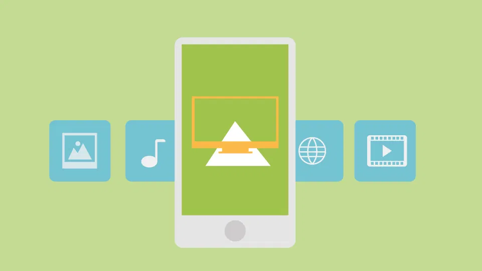 Front view of a smartphone with screen mirroring icon, blue media icons behind, on a green background.