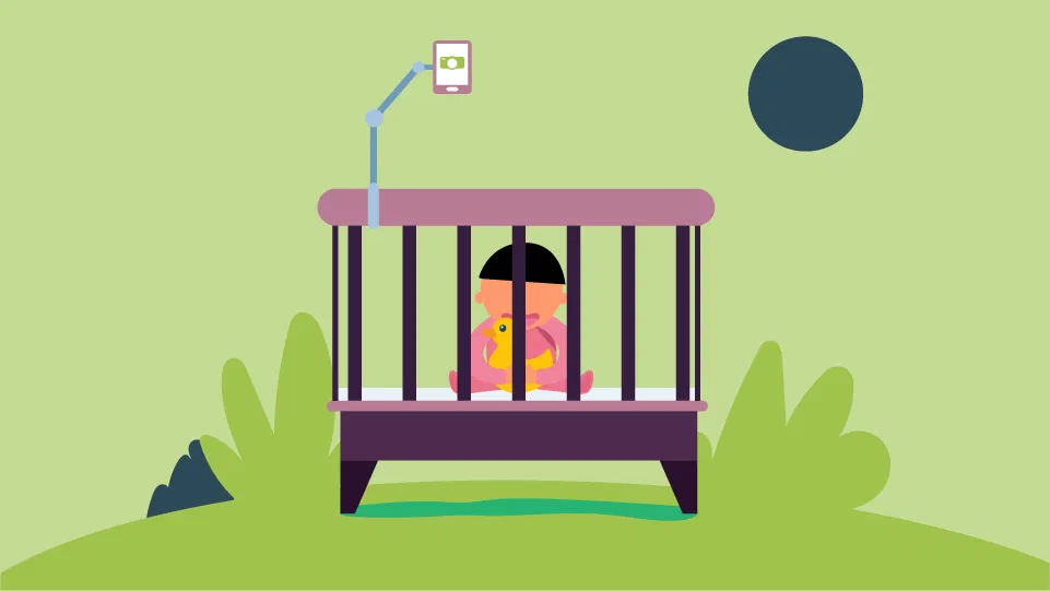 Baby in crib holding yellow toy, old smartphone as overhead baby monitor; green abstract background with plants and dark circle.