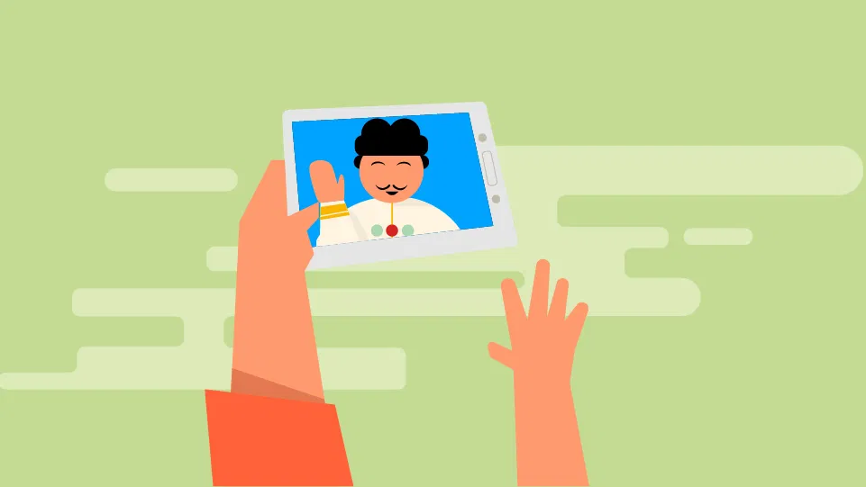 Front view illustration: two hands hold a tablet showing a person, with green abstract background referencing old smartphone reuse.