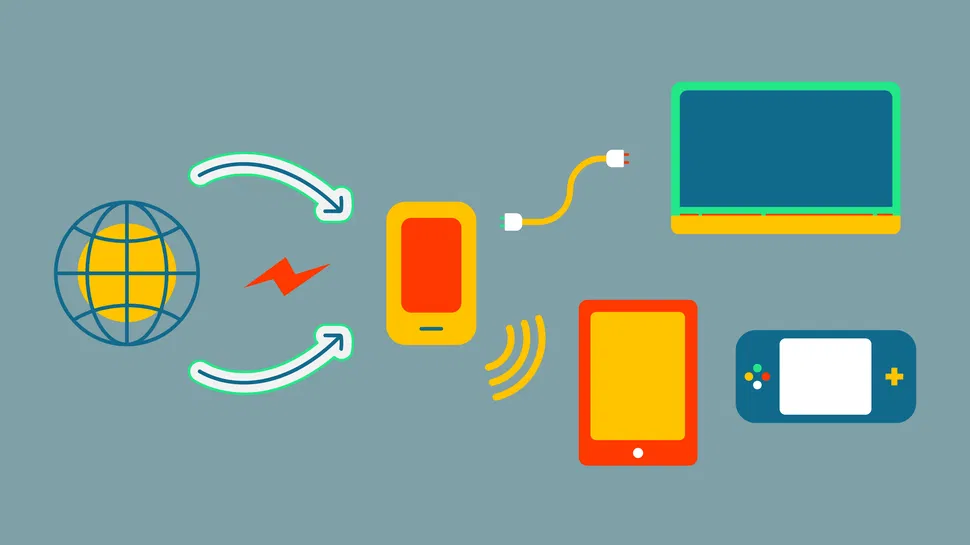 Front view illustration of a globe, arrows, and devices including a smartphone creating a mobile hotspot connected by wireless signals.