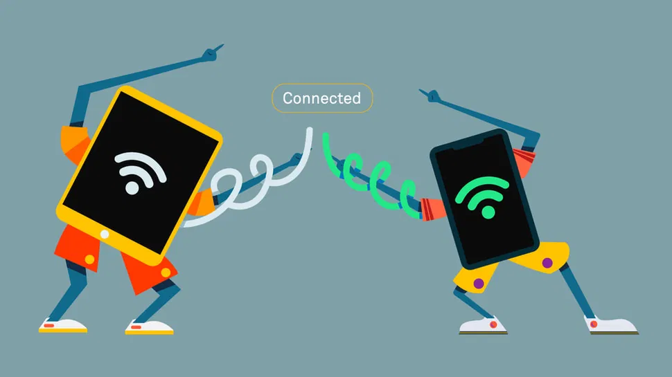 Front view of cartoon tablet and smartphone with wi-fi icons, connected by cords spelling "connected" above them.
