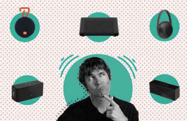 Front view: person centered with thoughtful expression, surrounded by five bluetooth speakers and headphones on dotted background.