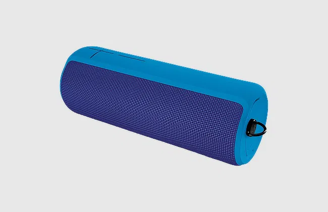 Front view of a blue portable Bluetooth speaker with a purple mesh, top control buttons, and a black loop.
