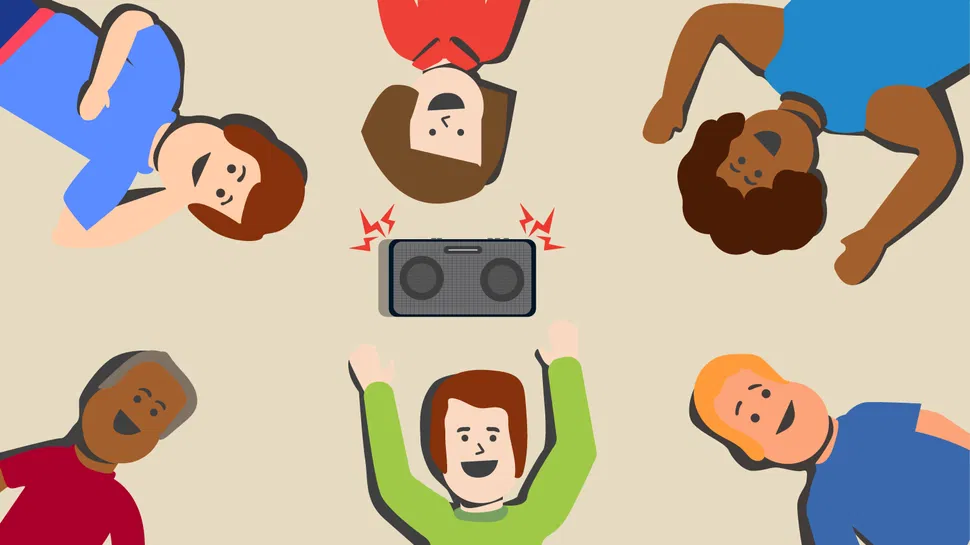 Top view: six illustrated people in a circle around a bluetooth speaker emitting sound waves on a beige floor.