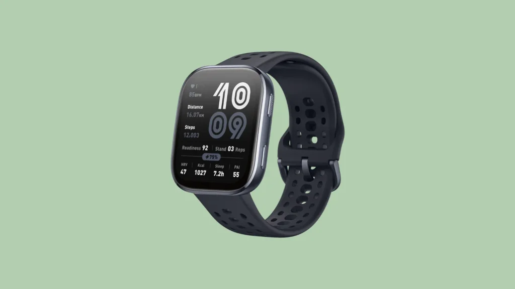 Front view of a black rectangular smartwatch with perforated strap, stats displayed on screen, set on a light green background.