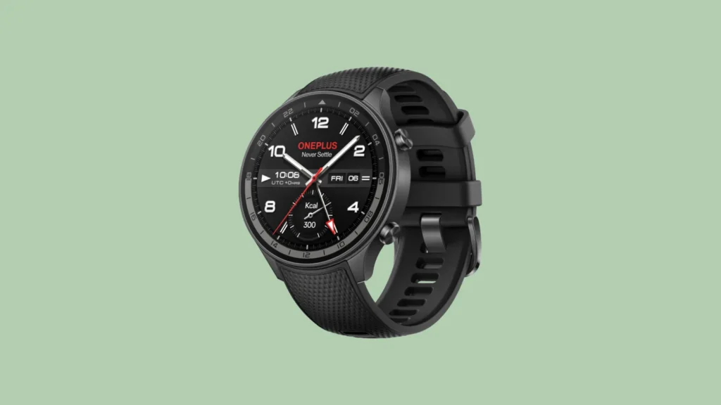 Front view of black OnePlus smartwatch with digital display on silicone band, shown against a plain light green background.