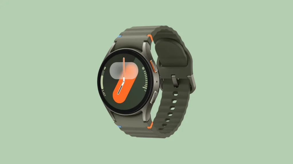 Front view of a rugged smartwatch with green strap, round display showing abstract watch face on light green background.