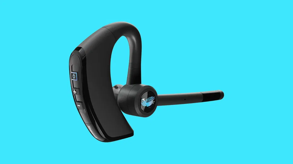 Side view of a black Bluetooth headset earpiece with ear hook, mic boom, and buttons shown on a light blue background.