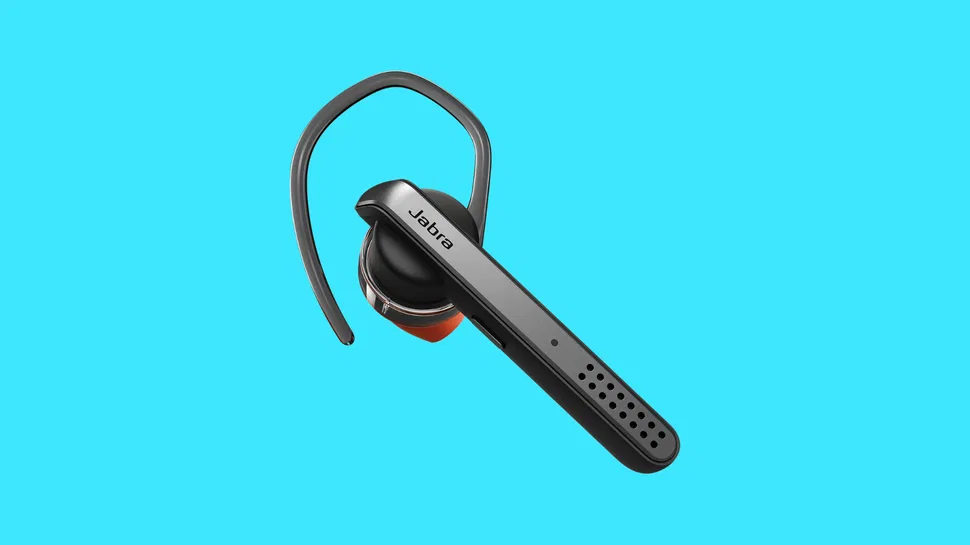 Front view of a black Jabra single-ear headset with ear hook and mic boom, on a light blue background.