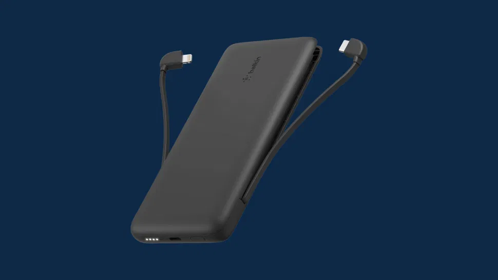 Front view of a black 2025 Series power bank with two attached cables, connectors visible, on a dark blue background.