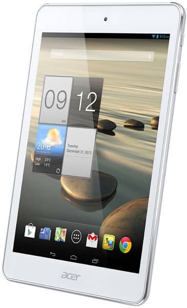 Front view of white Acer tablet showing home screen, time 9:12 AM, December 31, 2013, weather widget, and app icons at bottom.