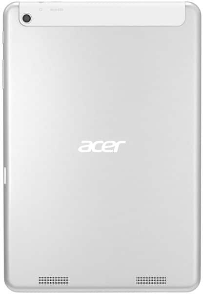 Rear view of silver Acer tablet showing centered logo, top-left rear camera, and dual speaker grilles at the bottom edge.