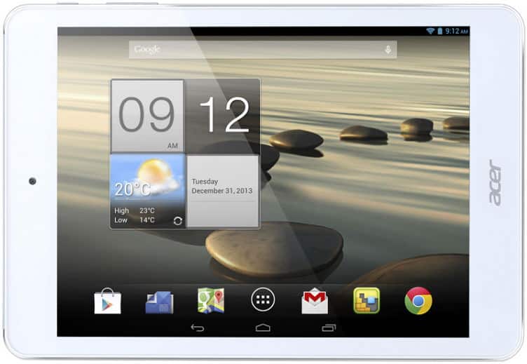 Front view of a white Acer tablet with home screen, app icons, weather widget, and stones-in-water background.