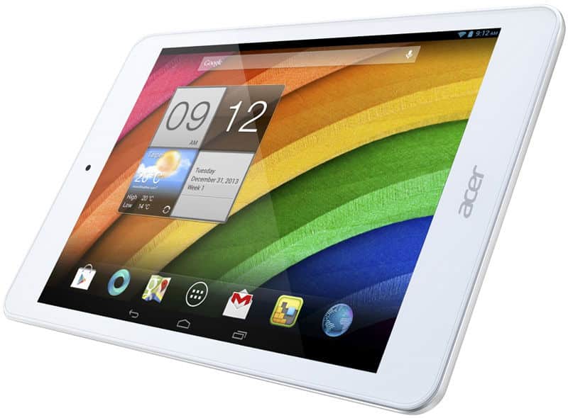 White Acer tablet (front angled view) displays home screen with app icons, digital clock, and rainbow curved stripe background.