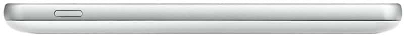 Side view of a slim, silver tablet with one rectangular button on the left; brand and model not specified.