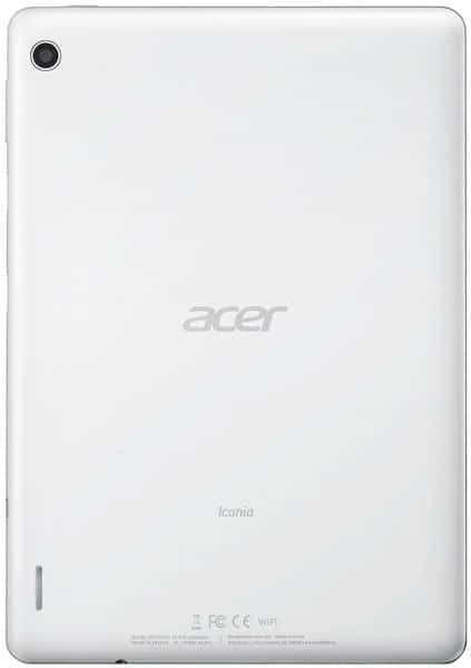 Rear view of white Acer Iconia tablet with center Acer logo, top-left rear camera, and regulatory info near the bottom.