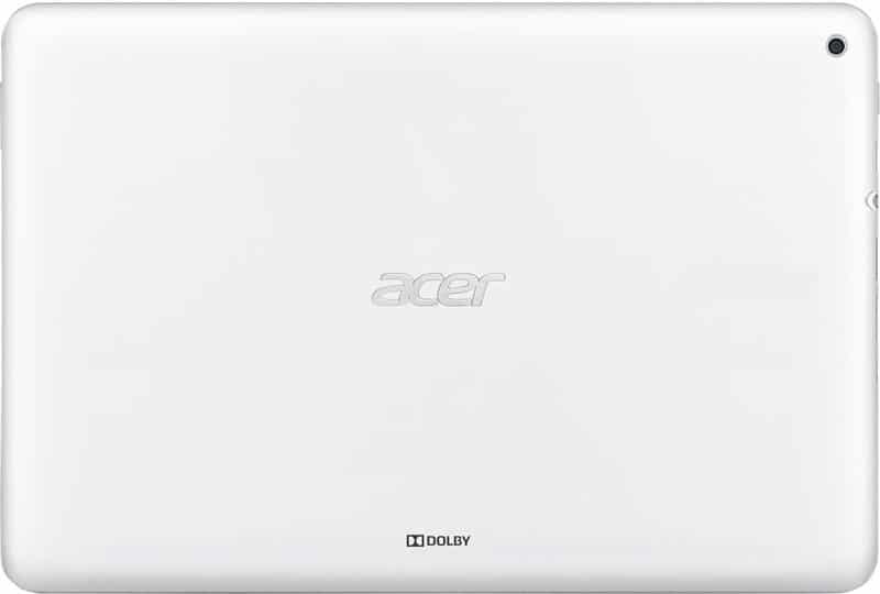 Rear view of white Acer tablet with central Acer logo, Dolby branding at the bottom, and camera lens in top-right corner.