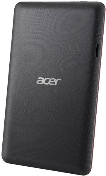 Rear view of a black Acer tablet with textured back, centered Acer logo, rounded corners, and a small side slot visible.
