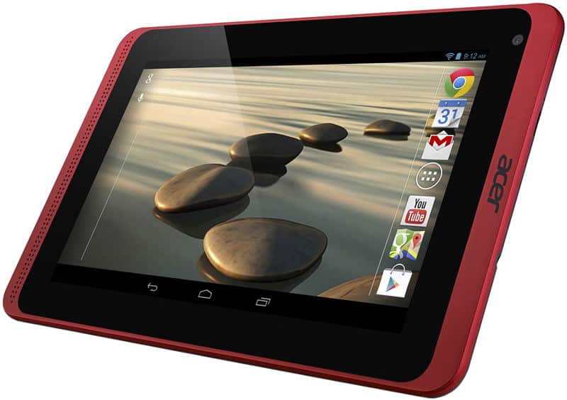 A red Acer tablet with a black bezel is shown at an angled front view, displaying stones in water and app icons on the right.