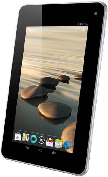 Black and silver tablet, front angled view; home screen shows app icons and a smooth stones wallpaper. Brand/model not specified.