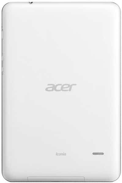 Rear view of white Acer Iconia tablet showing Acer logo, "Iconia" label, left-side buttons, and lower right speaker grille.