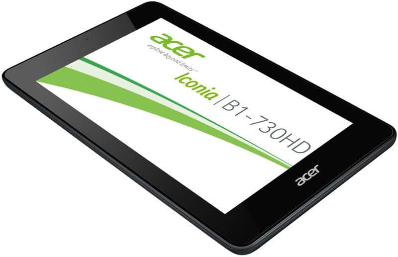 Front angled view of black Acer Iconia B1-730HD tablet displaying Acer logo, "Iconia," and model number on screen.