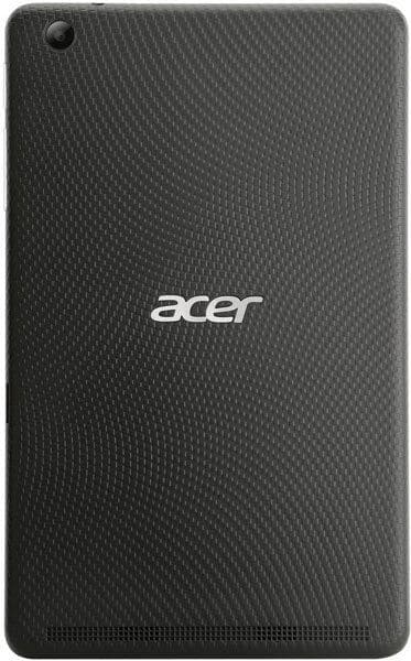 Rear view of black Acer tablet with textured back, camera in top-left corner, and centered Acer logo.