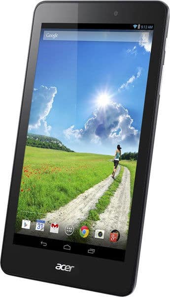 Front view of black Acer tablet showing home screen with landscape wallpaper and app icons along the bottom.