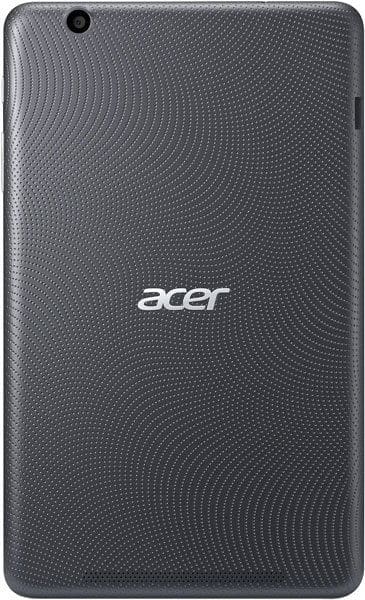 Rear view of a black Acer tablet with dotted textured back, rear camera in top-left, and centered white Acer logo.