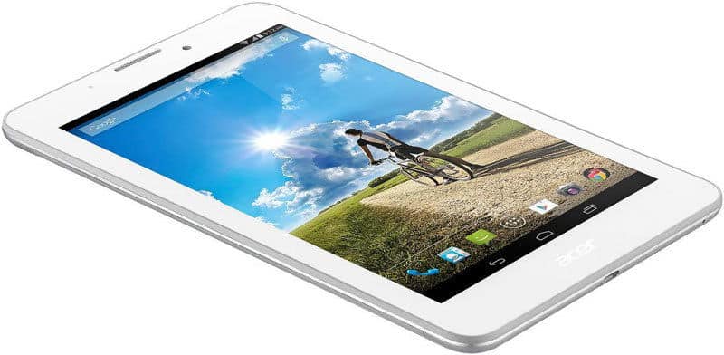 Front view of white Acer tablet showing a cycling scene on screen, with app icons visible along the bottom display.