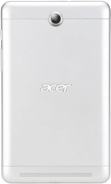 Rear view of silver Acer tablet with top-center rear camera, central Acer logo, and bottom speaker grille. Model unspecified.