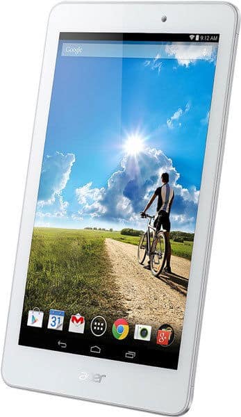 Front view of a white Acer tablet displaying Android interface; screen shows a person walking a bike in a grassy field.