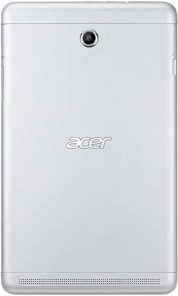 Acer tablet (rear view) in silver, with top-center rear camera, central Acer logo, and bottom speaker grille. Model unspecified.
