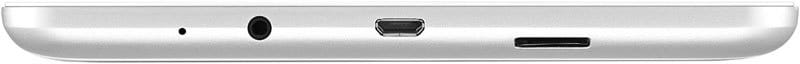 Side close-up of a white tablet edge with headphone jack, micro-USB port, memory card slot, and pinhole; brand/model unspecified.