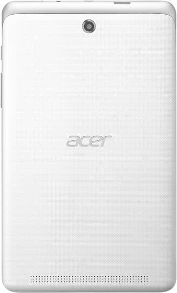 Rear view of a white Acer tablet showing top rear camera, center Acer logo, and bottom speaker grille. Model unspecified.
