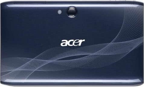 Rear view of dark blue Acer tablet, single top-center camera, white Acer logo below, wavy graphic design on back panel.